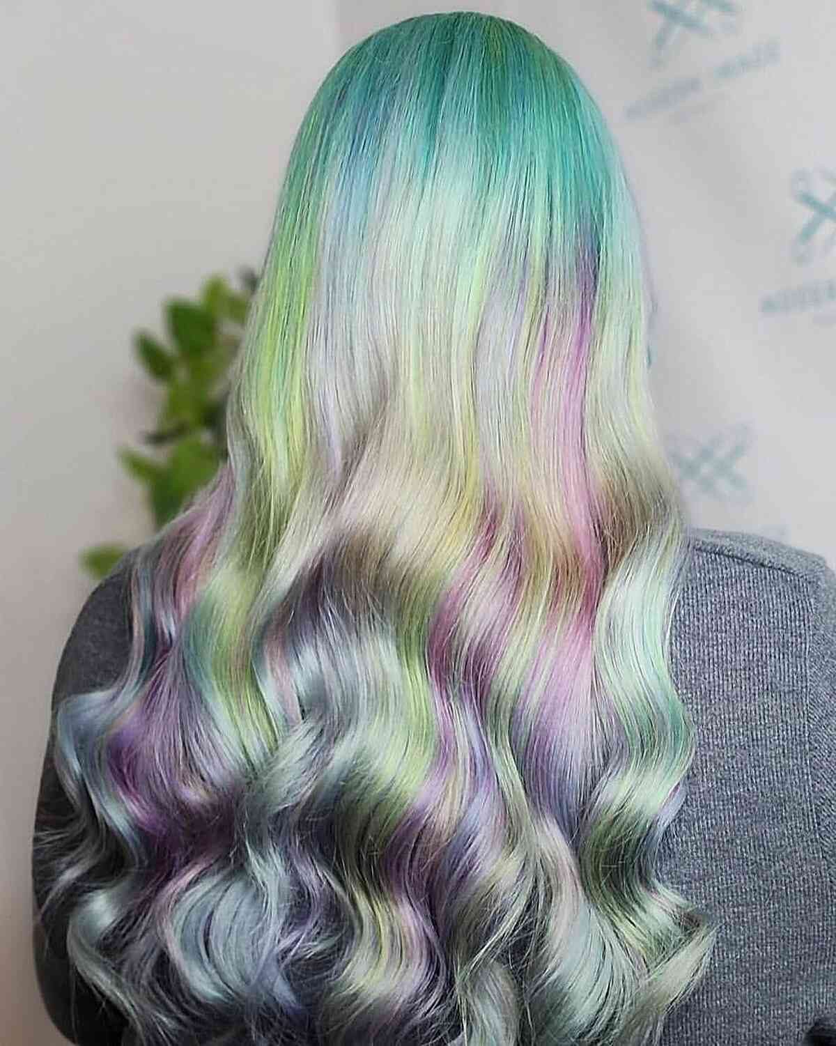 Shoulder Length Blonde With Teal Rainbow — Holographic Hair