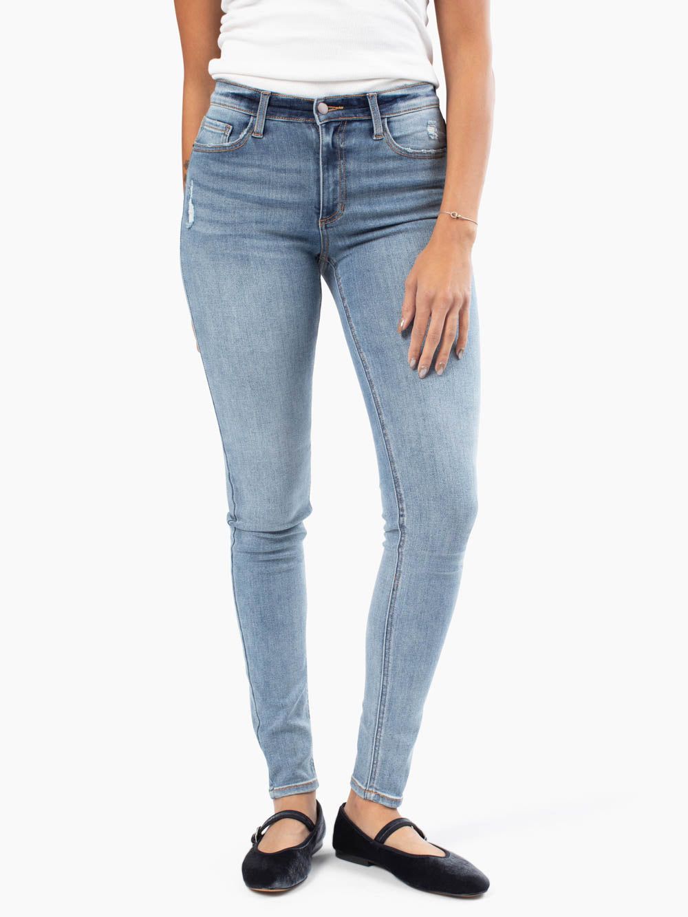 Distressed Light Wash Skinny Jeans with White Tank Distressed Light Wash Skinny Jeans with White Tank