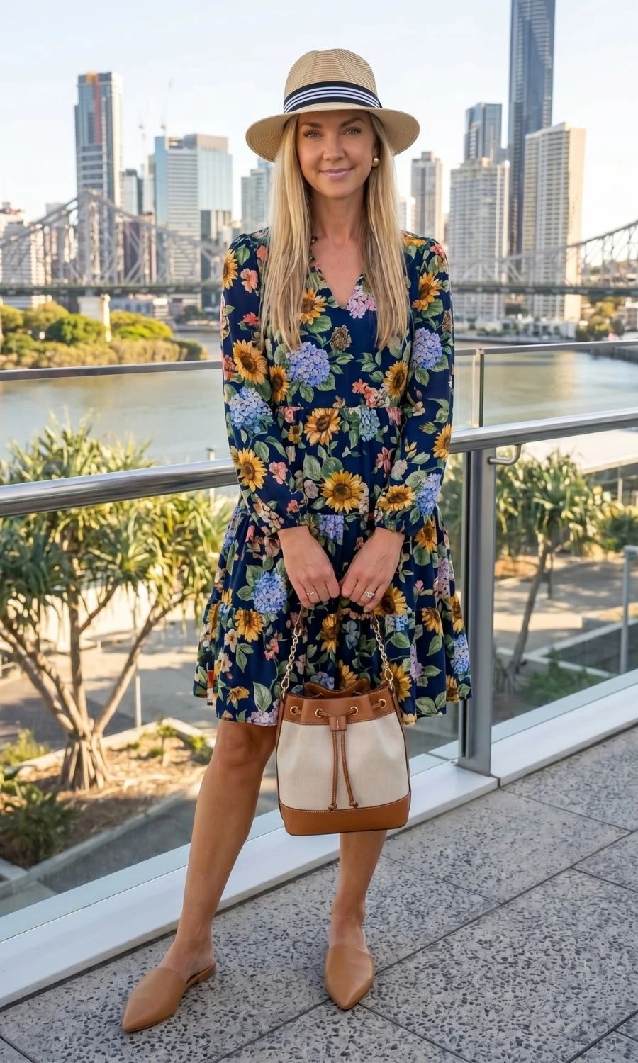 City Explorer: Navy Floral Tiered Dress and Fedora City Explorer: Navy Floral Tiered Dress and Fedora — Australia Outfits