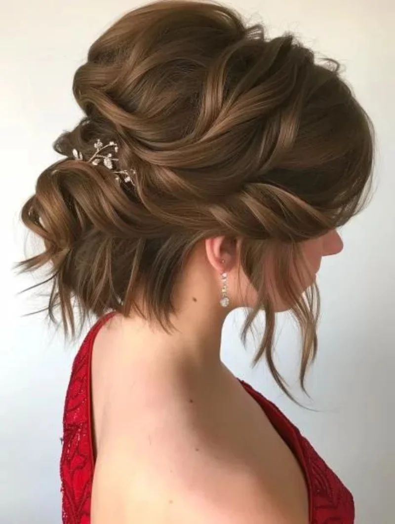 Dark Brown Bob Voluminous Twisted Updo Dark Brown Bob Voluminous Twisted Updo — Prom Hairstyles for Short Hair