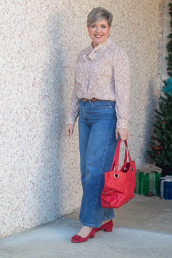 Bold Accent: Animal Print Blouse and Red Heels with Blue Wide Leg Jeans — Wide Leg Jeans Outfits