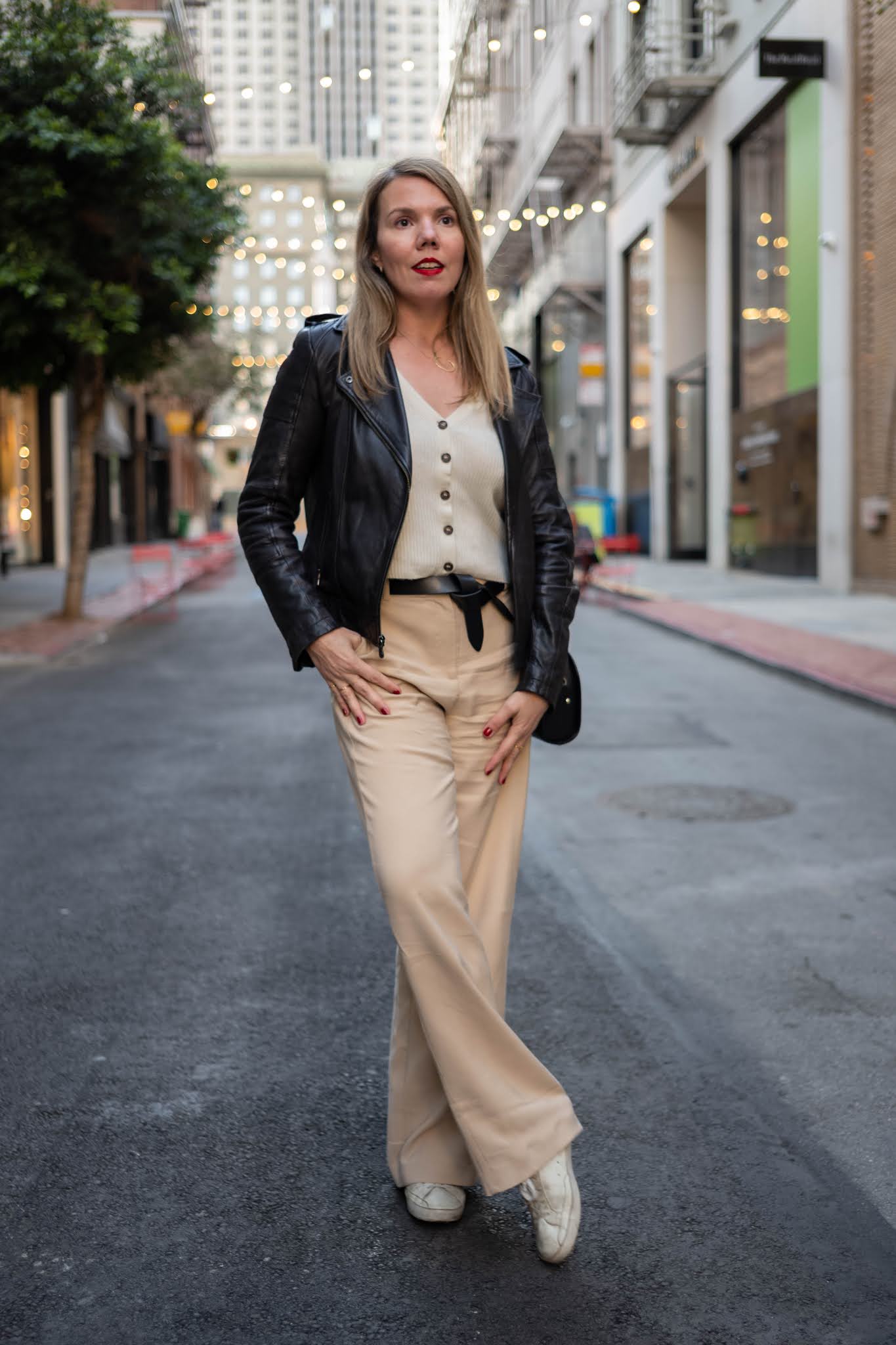 Layered Casual Beige Wide Leg Trousers with Leather Jacket — Wide Leg Pants Outfits