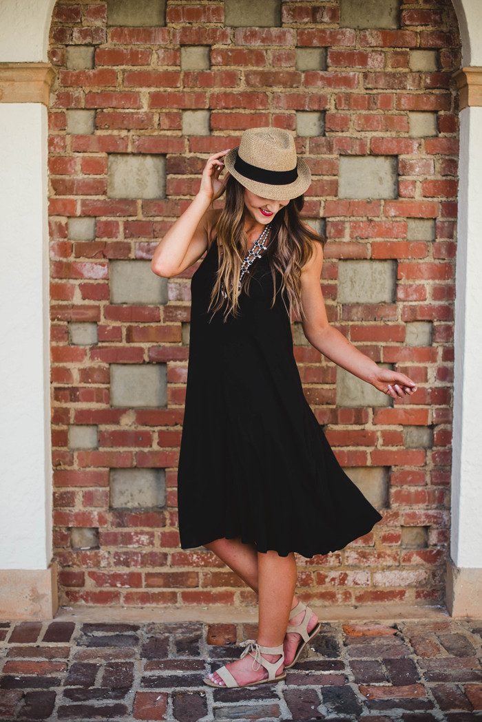 Summer Casual: Black A-line Dress with Fedora and Lace-up Sandals — Little Black Dress Outfits