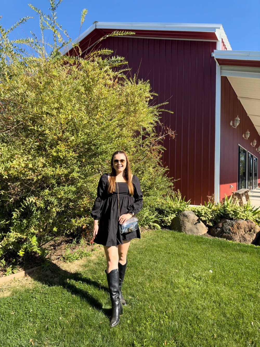 Black A-Line Mini Dress with Knee-High Boots — Midsize Dresses