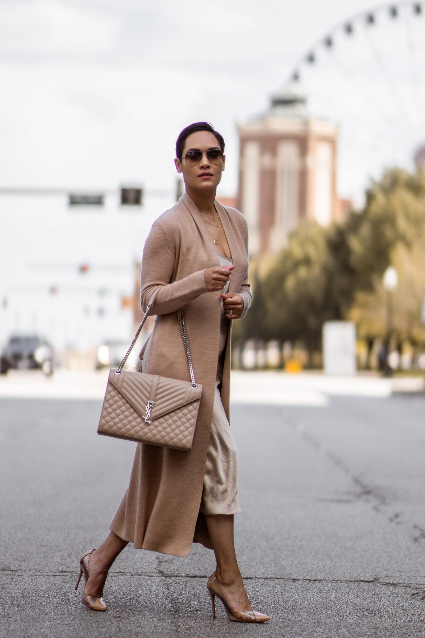 Transitional Comfort: Beige Slip Dress with Knit Cardigan Transitional Comfort: Beige Slip Dress with Knit Cardigan — Slip Dress Outfits