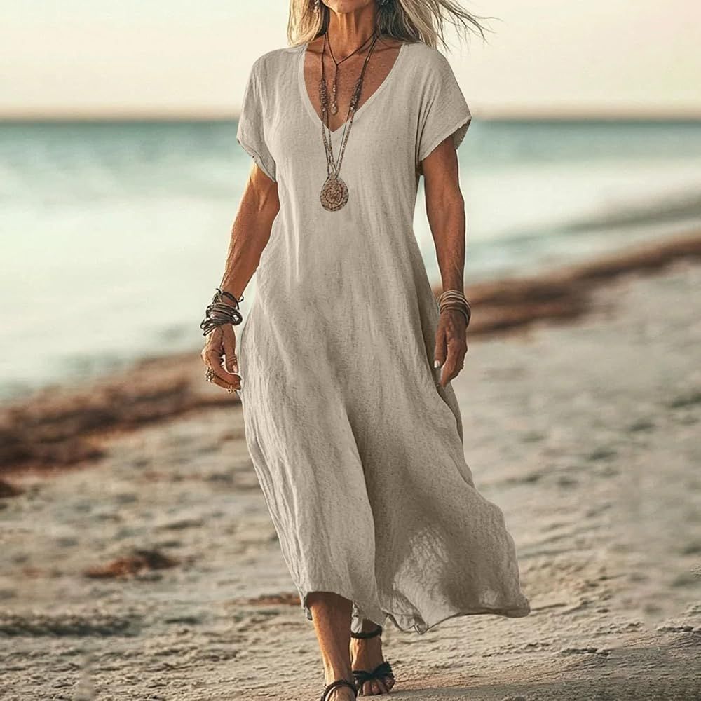 Beige Gauze Cotton V-Neck Midi Dress Beige Gauze Cotton V-Neck Midi Dress — Beach Dresses