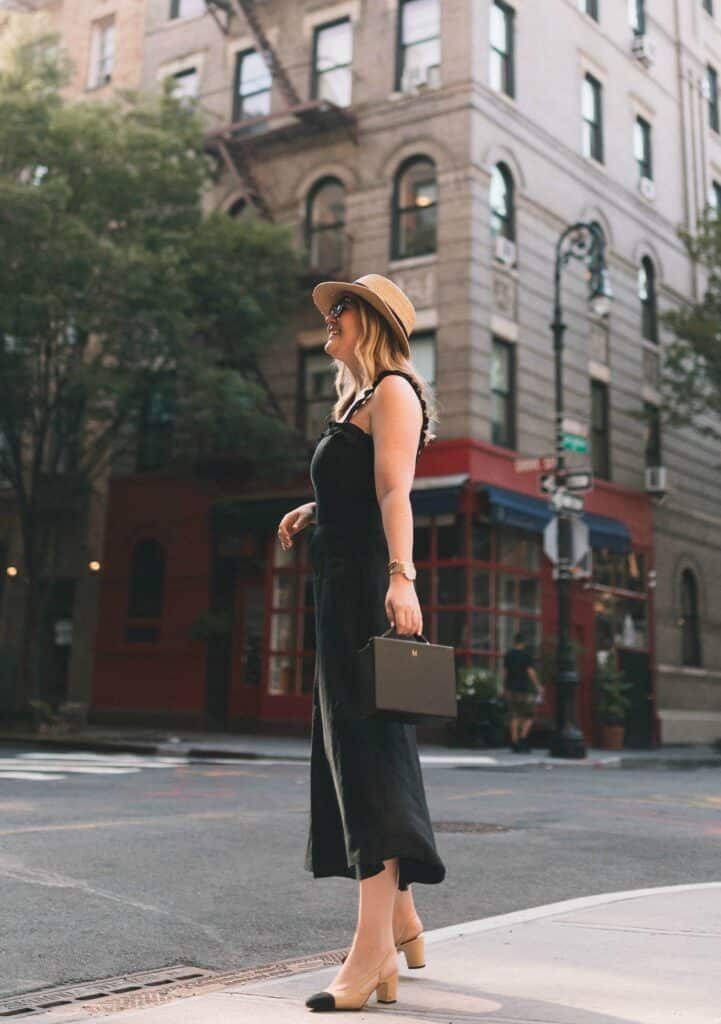 Wide-Leg Jumpsuit with Cap-Toe Slingbacks for Chic City Exploration — Slingback Heels Outfits