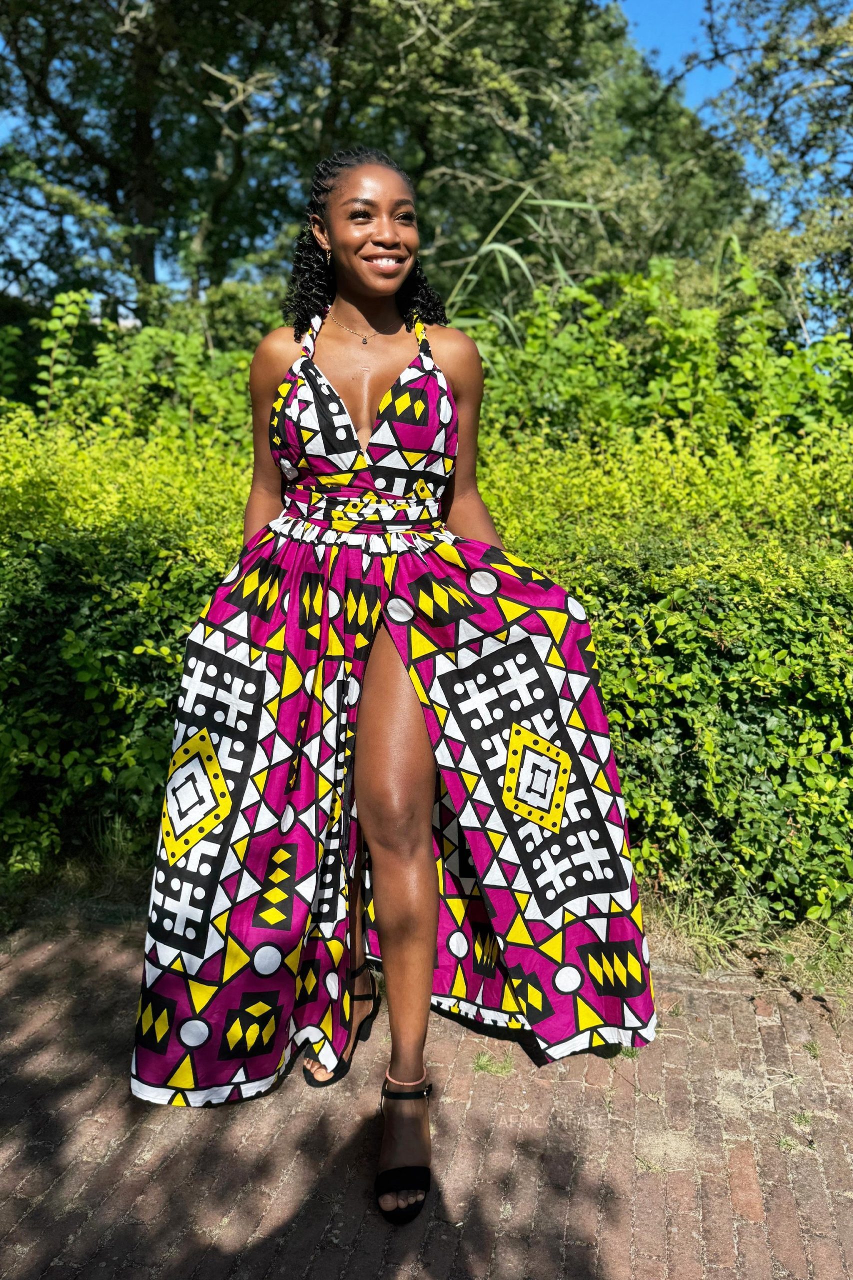 Halter Neck Maxi Dress with High Slit for Summer Parties — African Print Dresses