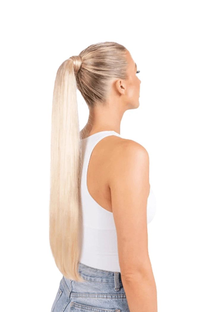 Mid-Back Ash Blonde Straight Back View — Wrap Around Ponytail