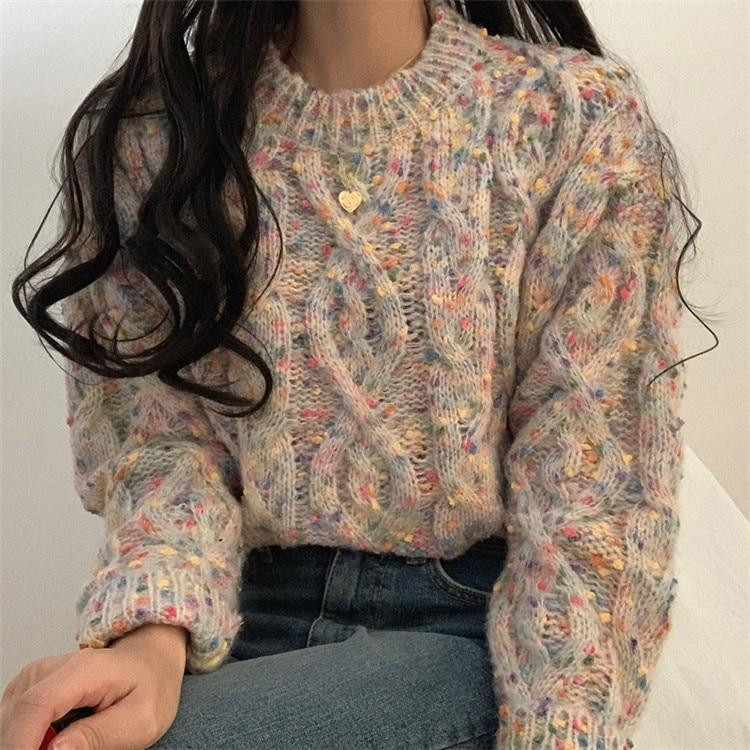Relaxed Fit Cable-Knit Sweater with Pastel Flecks Relaxed Fit Cable-Knit Sweater with Pastel Flecks — Soft Girl Outfits