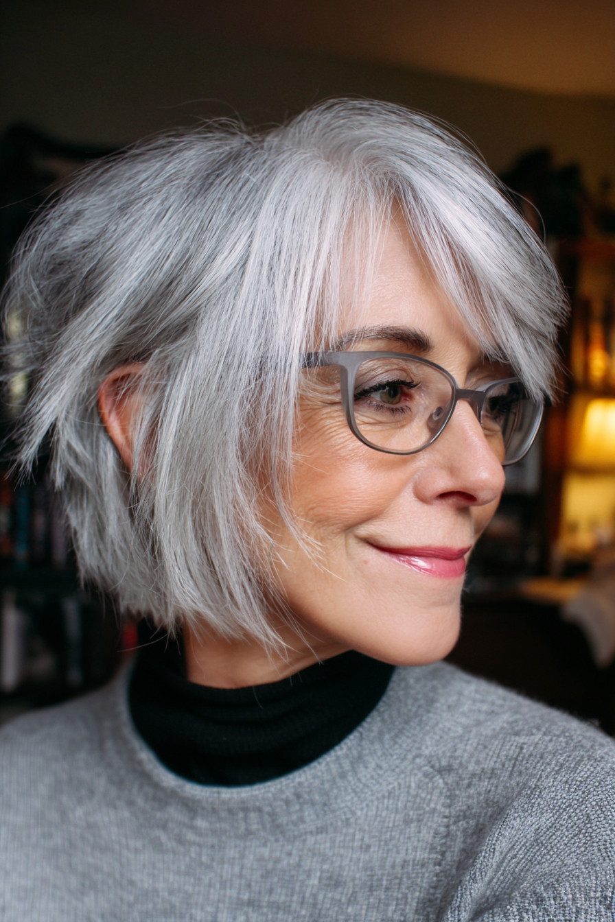 Shaggy Bob With Wispy Bangs Shaggy Bob With Wispy Bangs — Haircuts for Women Over 60 with Glasses