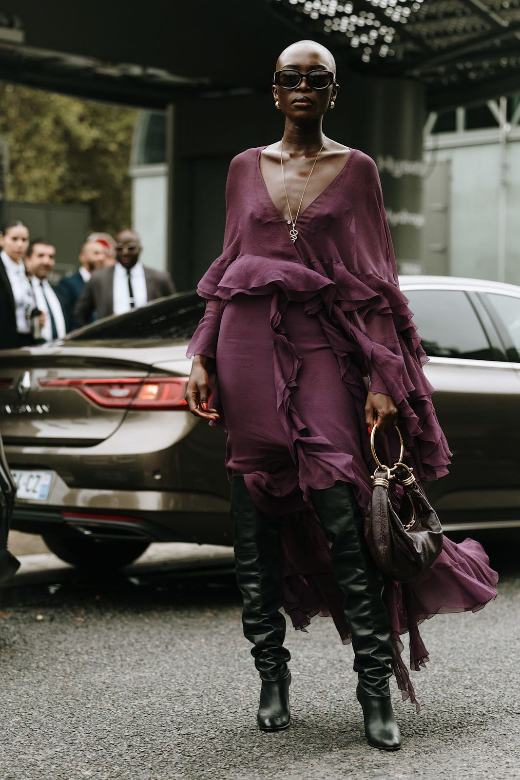 Deep Purple Ruffled Chiffon Midi Dress with Knee-High Boots — Midi Dress Outfits