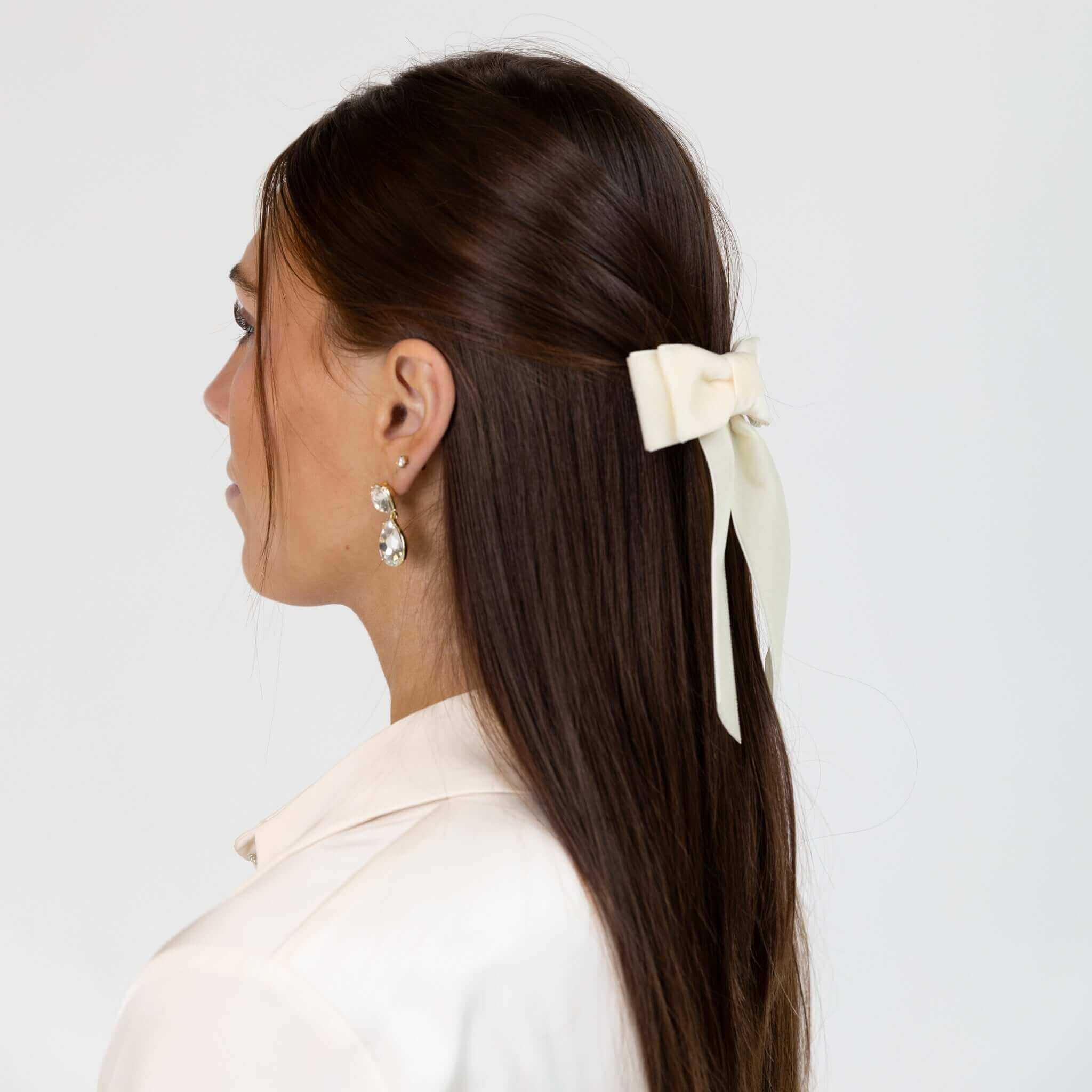 Cream Velvet Bow Straight Half Up — Hair Bow Hairstyles