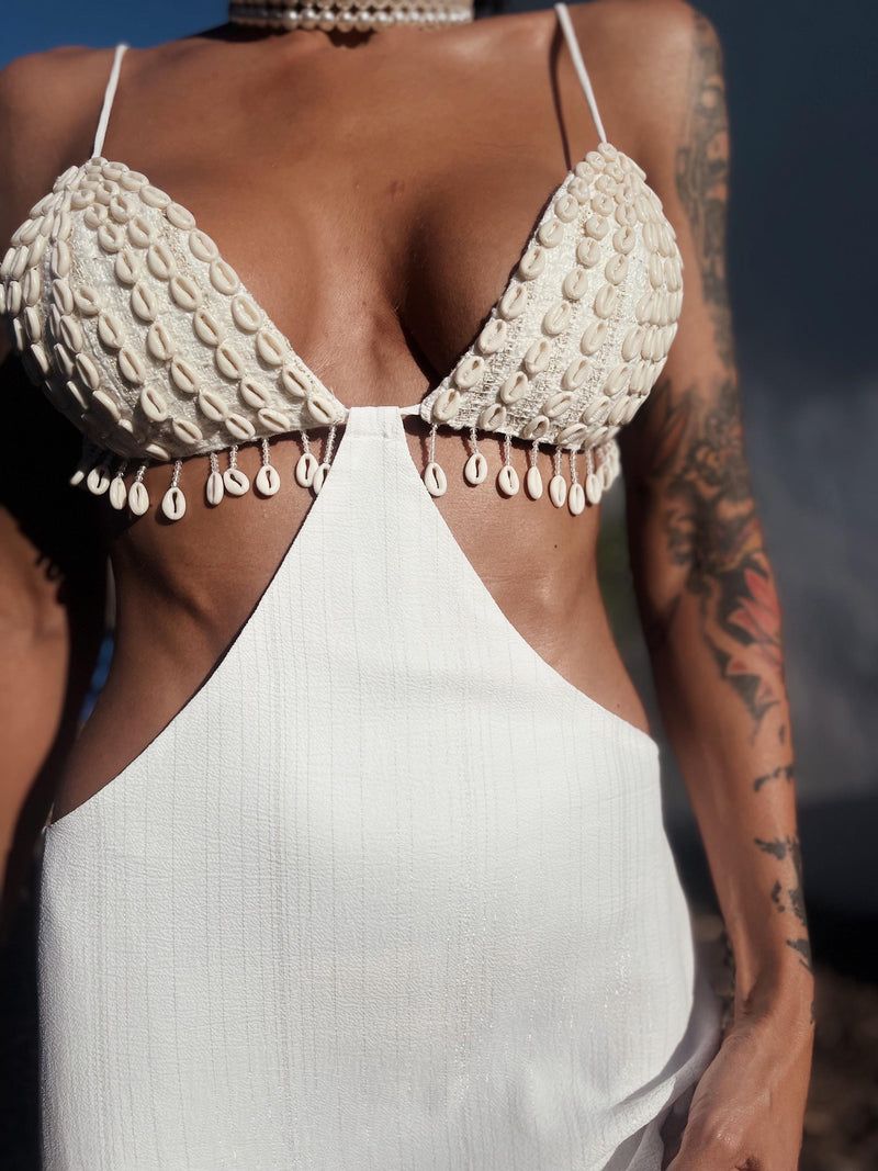 Unique White Cut-Out Dress with Shell Embellished Halter — Honeymoon Dresses