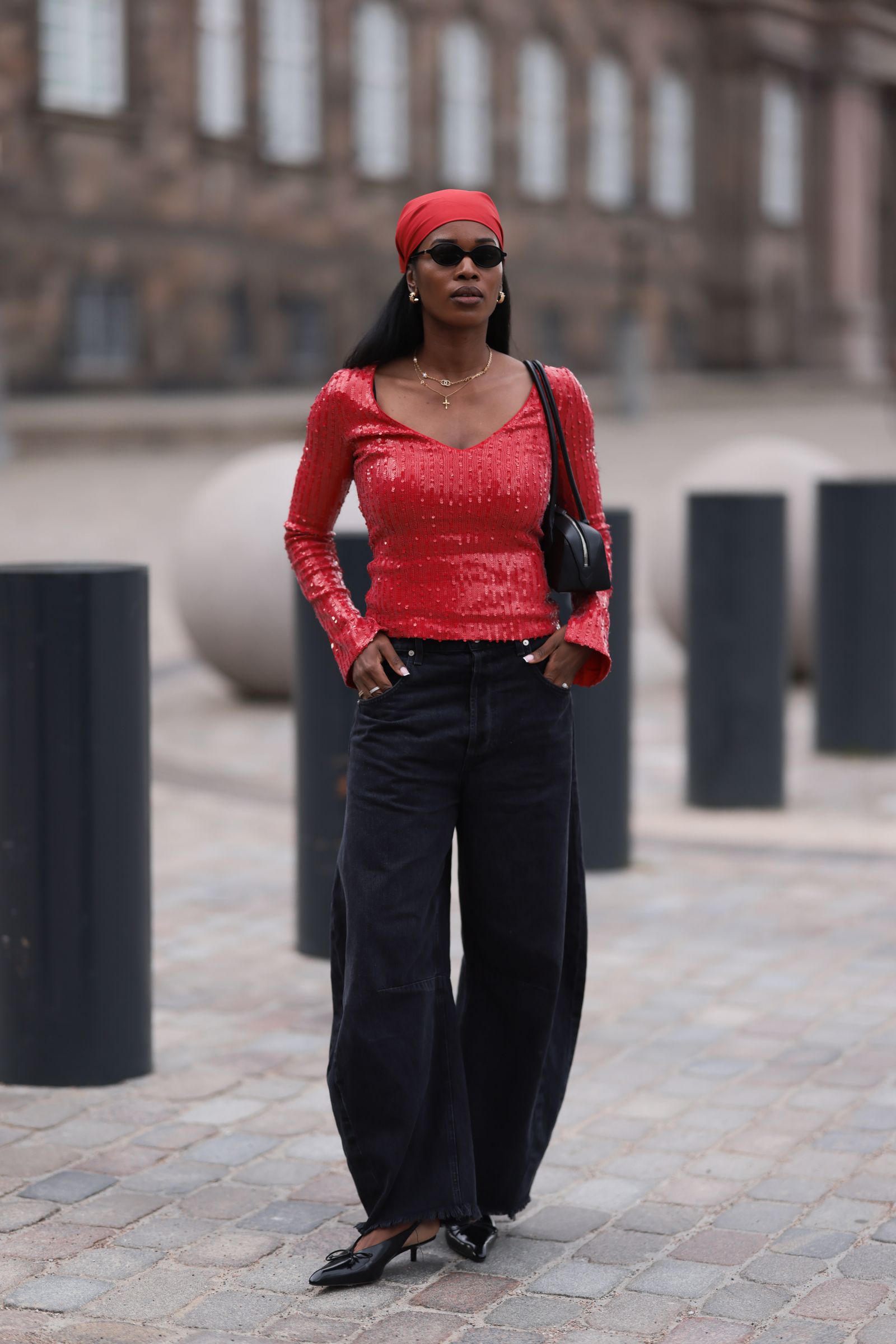 Statement Sequin Top with Black Kitten Heels and Wide-Leg Jeans Statement Sequin Top with Black Kitten Heels and Wide-Leg Jeans — Kitten Heels Outfits