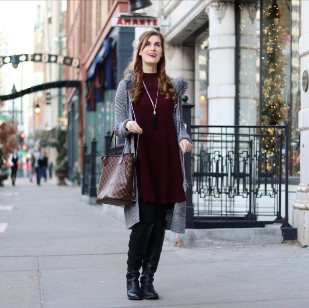 Cozy Cardigan Over Burgundy Dress Cozy Cardigan Over Burgundy Dress — Denver Outfits