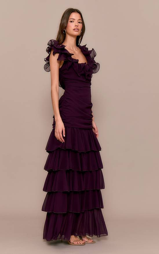 Deep Purple Fit and Flare Dress with Ruffled Shoulders and Tiered Skirt Deep Purple Fit and Flare Dress with Ruffled Shoulders and Tiered Skirt — Ruffle Dresses