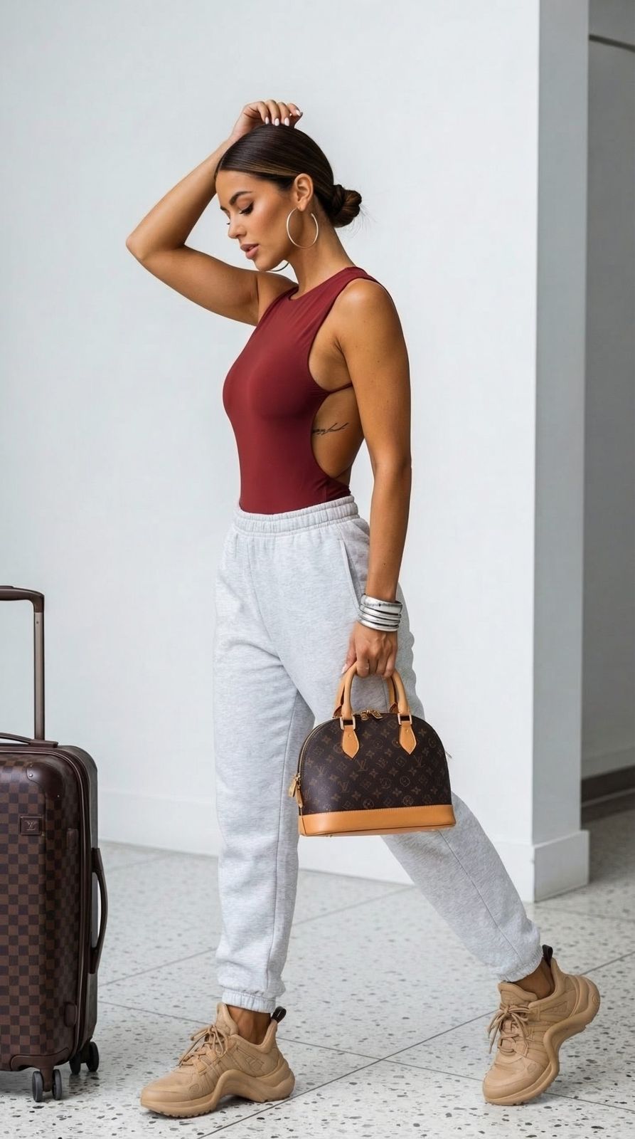 Athleisure Travel Style with Light Grey Joggers and Bodysuit Athleisure Travel Style with Light Grey Joggers and Bodysuit — Jogger Outfits