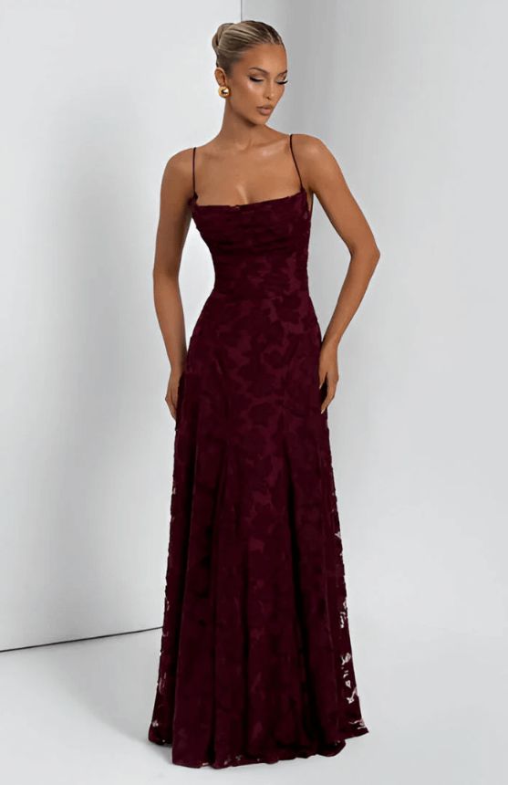 Deep Burgundy Jacquard Maxi Dress with Fitted Bodice and Flowing Skirt — Semi Formal Dresses
