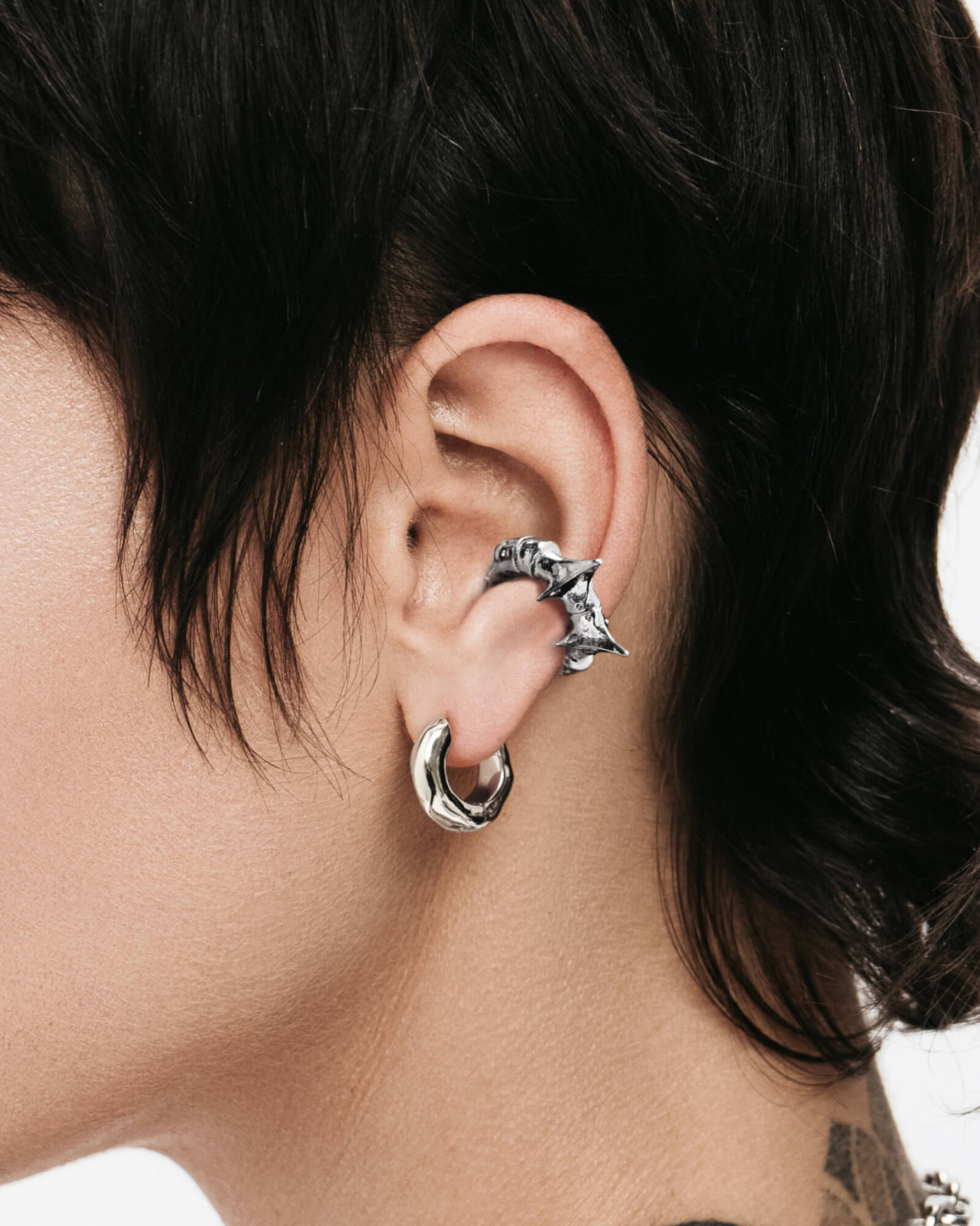 Sculptural Silver Ear Cuff with Chunky Hoop Sculptural Silver Ear Cuff with Chunky Hoop — Ear Cuffs