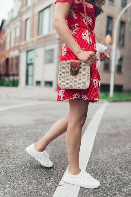 Red Floral Mini Dress with Woven Crossbody Bag and Sneakers — Sneakers with Dress Outfits