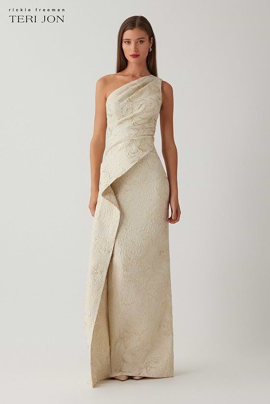 Ivory and Gold One-Shoulder Brocade Gown with High Slit Ivory and Gold One-Shoulder Brocade Gown with High Slit — Mother of the Groom Dresses