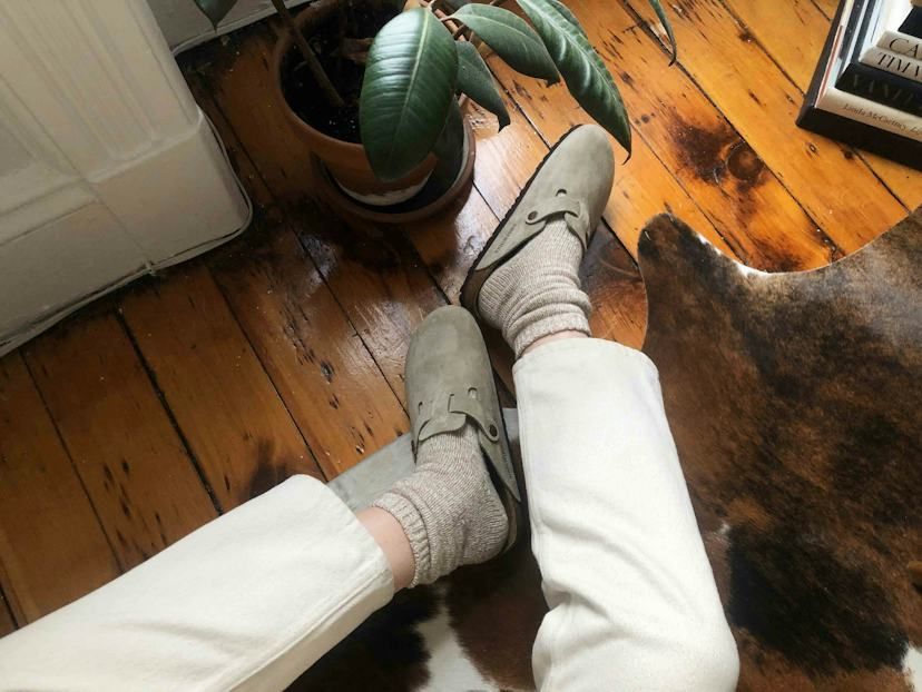 Neutral Textures: Light Brown Clogs with Beige Socks and Cream Pants Neutral Textures: Light Brown Clogs with Beige Socks and Cream Pants — Birkenstock Boston Outfits
