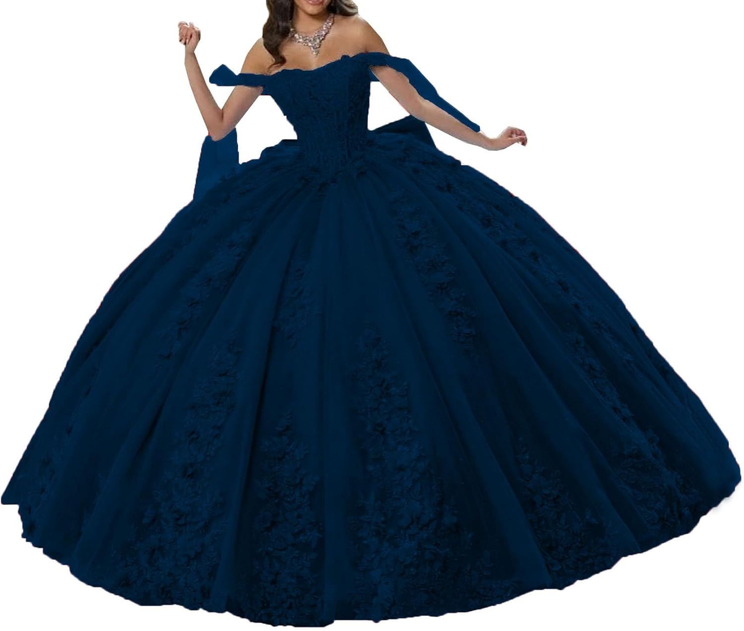 Navy Blue Off-the-Shoulder Ball Gown with Intricate Lace — Sweet 16 Dresses