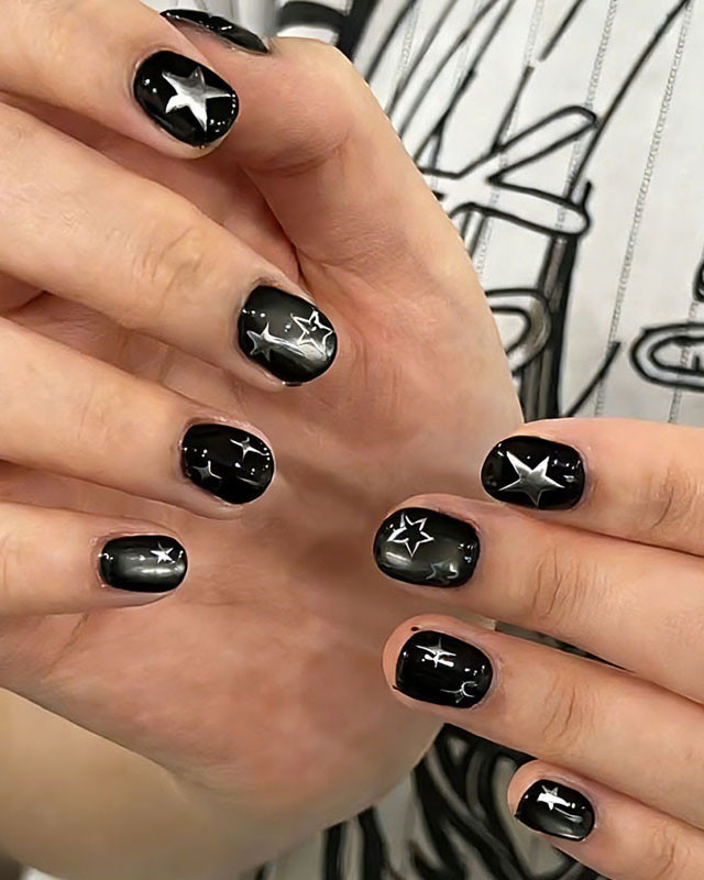 Glossy Black Silver Star Nails Glossy Black Silver Star Nails — Mens Nails