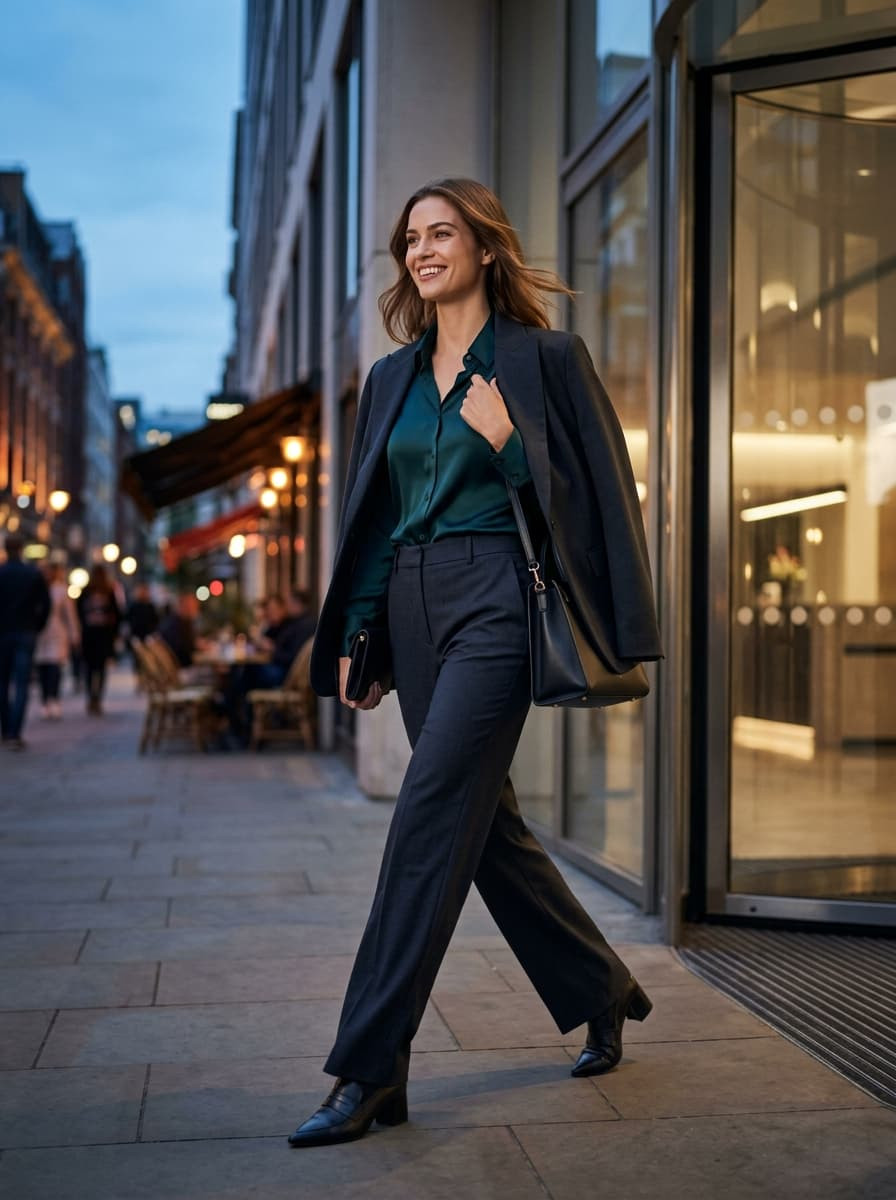 Charcoal Trousers with Satin Blouse and Draped Blazer — First Day of Work Outfits