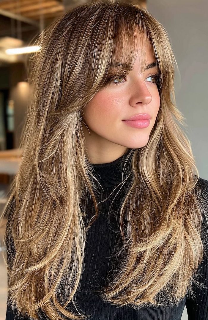 Toasted Beige Blonde Feathered Bangs — Long Hair with Bangs