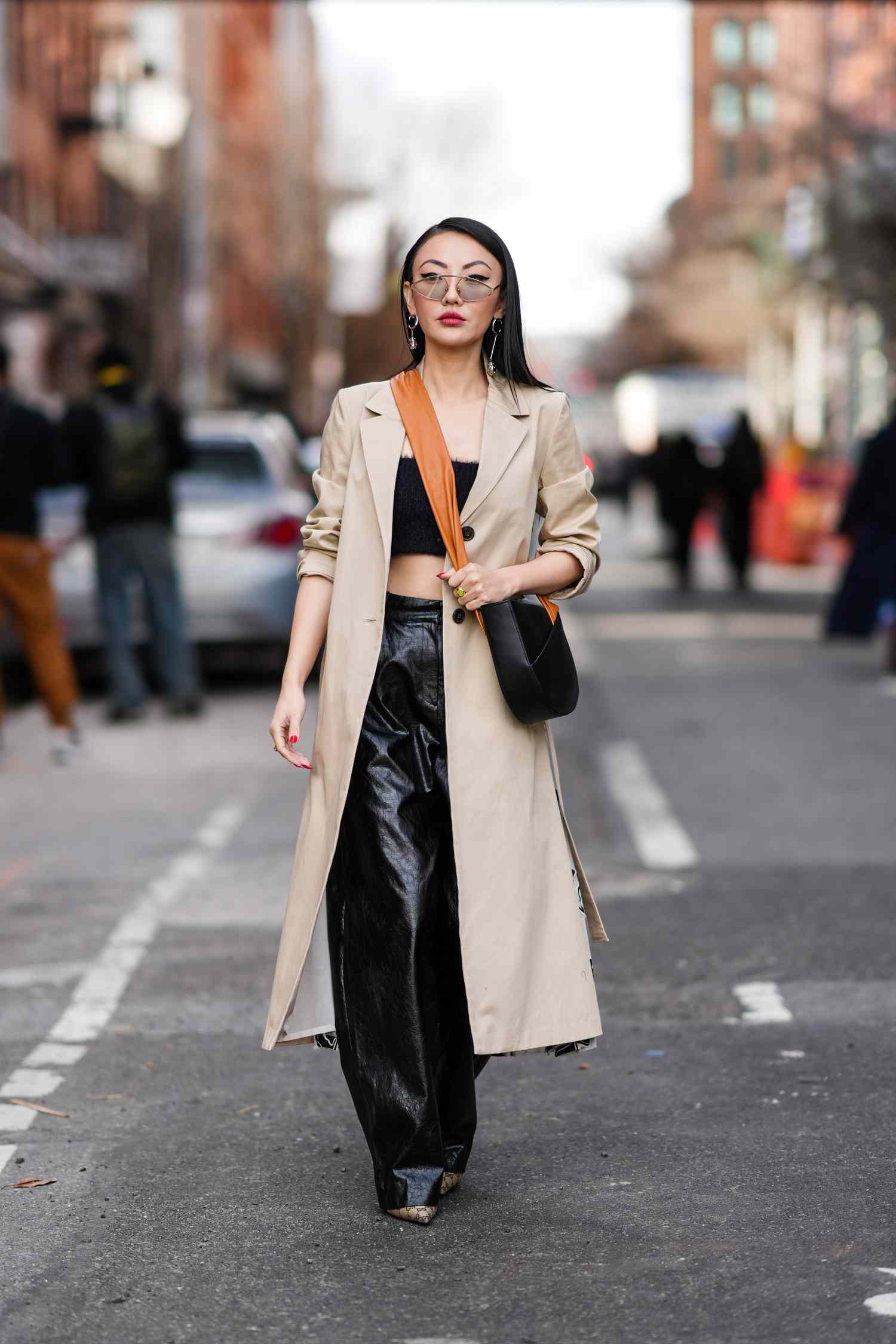 Edgy Beige Trench Coat with Shiny Trousers — Trench Coat Outfits