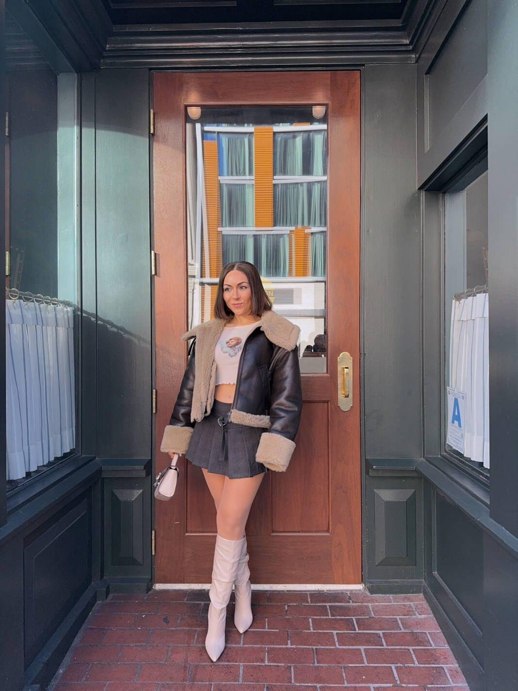 Graphic Top and Mini Skirt with Shearling Jacket — San Diego Outfits