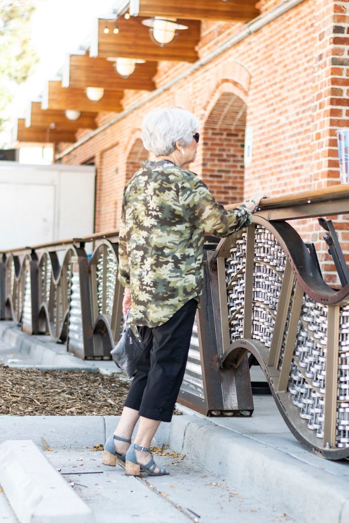 Sheer Camo Blouse with Cropped Pants and Cork Heels Sheer Camo Blouse with Cropped Pants and Cork Heels — Camo Outfits