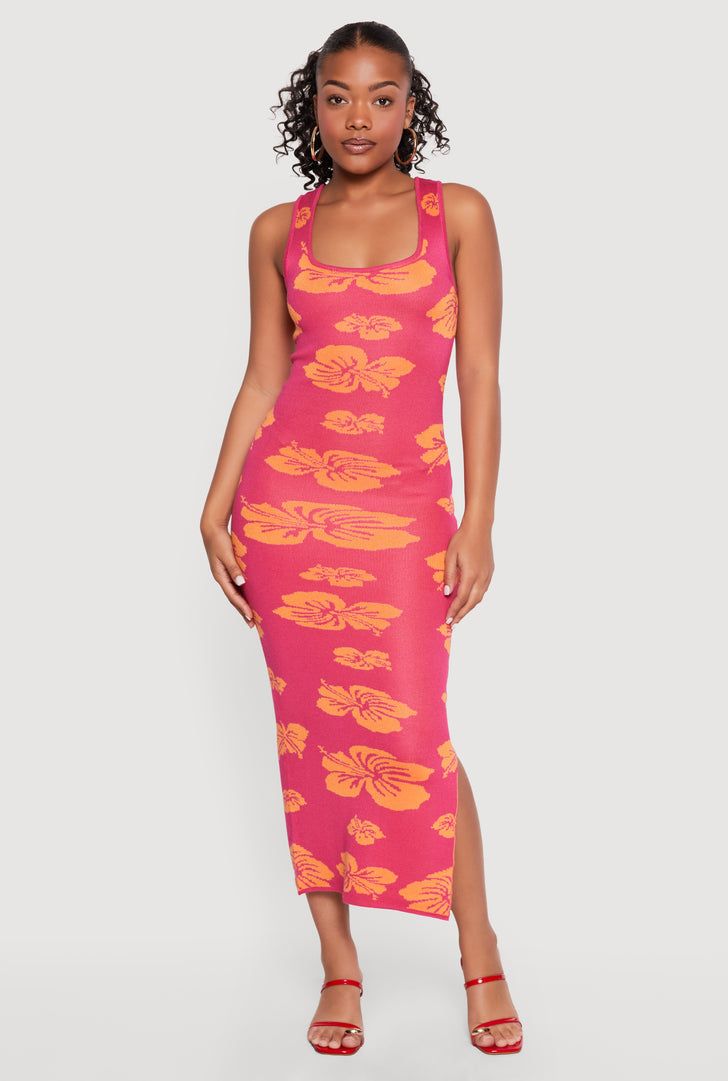 Pink and Orange Floral Print Ribbed Knit Midi Dress Pink and Orange Floral Print Ribbed Knit Midi Dress — Casual Dresses