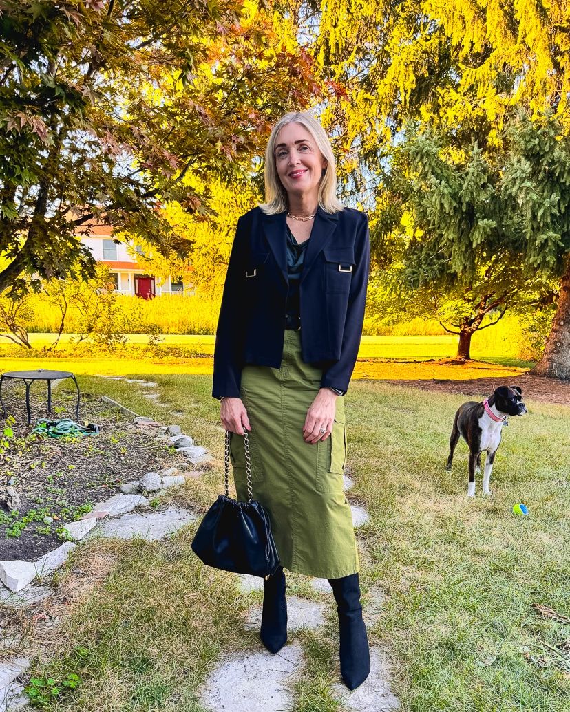 Olive Green Midi Cargo Skirt with Black Blazer — Cargo Skirts