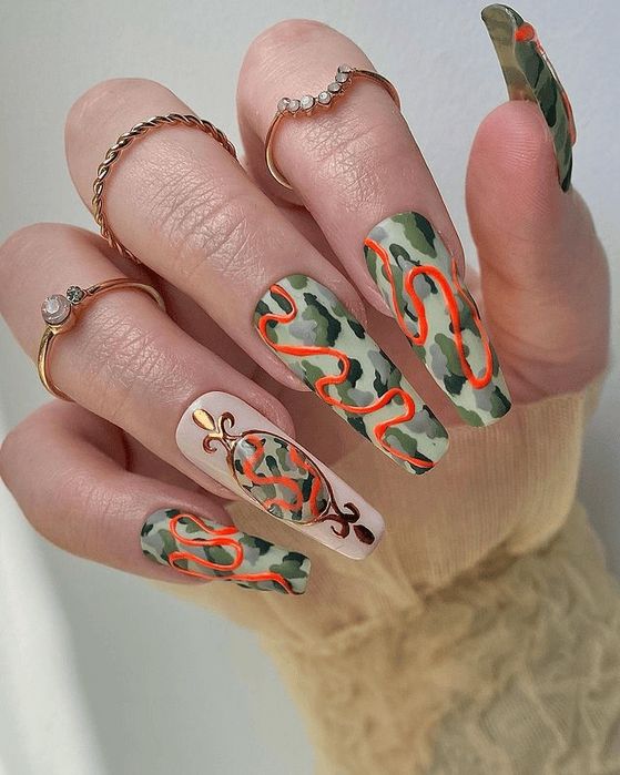Extra-Long Camo with Neon Orange Waves Extra-Long Camo with Neon Orange Waves — Camo Nails