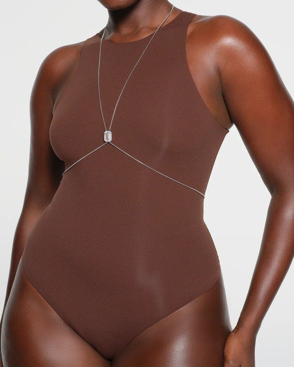 Geometric Silver Body Chain on Brown Bodysuit Geometric Silver Body Chain on Brown Bodysuit — Body Chain Outfits