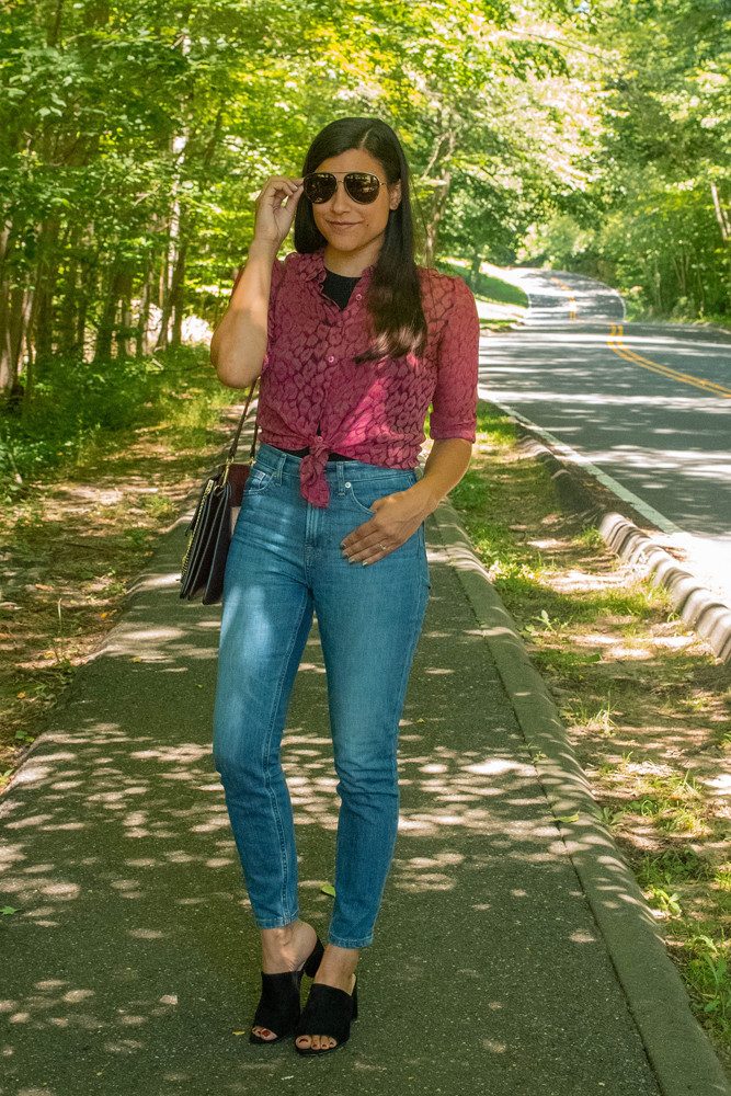 Skinny Jeans with Sheer Blouse and Heeled Mules — High Waisted Jeans