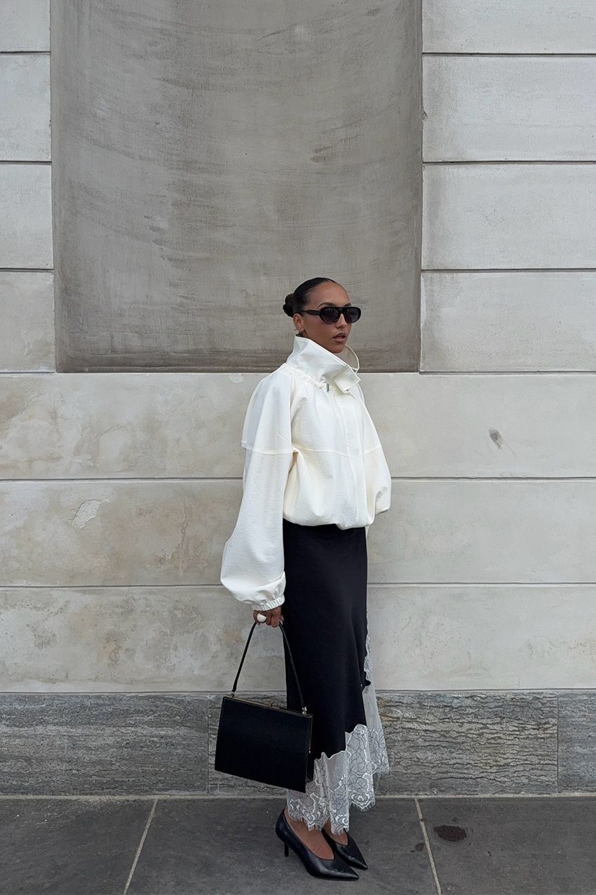 Lace-Trimmed Black Slip Skirt with an Oversized White Jacket — Slip Skirt Outfits