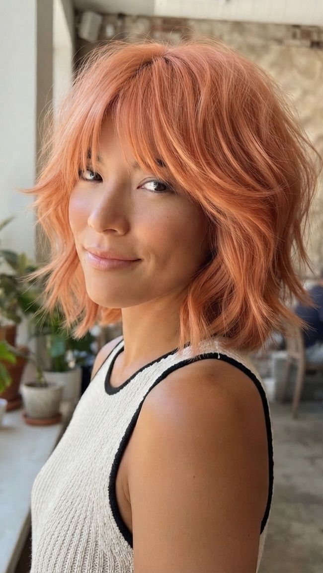 Peach Shag with Full Bangs Peach Shag with Full Bangs — Wash and Go Haircuts