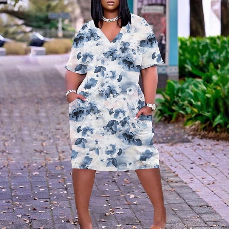Blue and White Floral Midi Dress with Pockets Blue and White Floral Midi Dress with Pockets — Dresses for Women Over 60