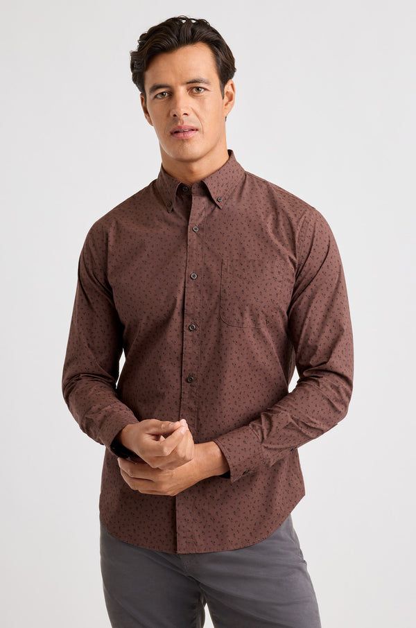 Brown Textured Long-Sleeve Shirt with Grey Trousers — Button Up Shirts