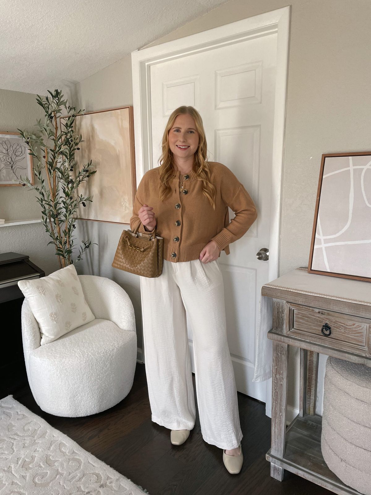 Monochromatic Comfort: Camel Cardigan and White Trousers Monochromatic Comfort: Camel Cardigan and White Trousers — Meet the Teacher Outfits