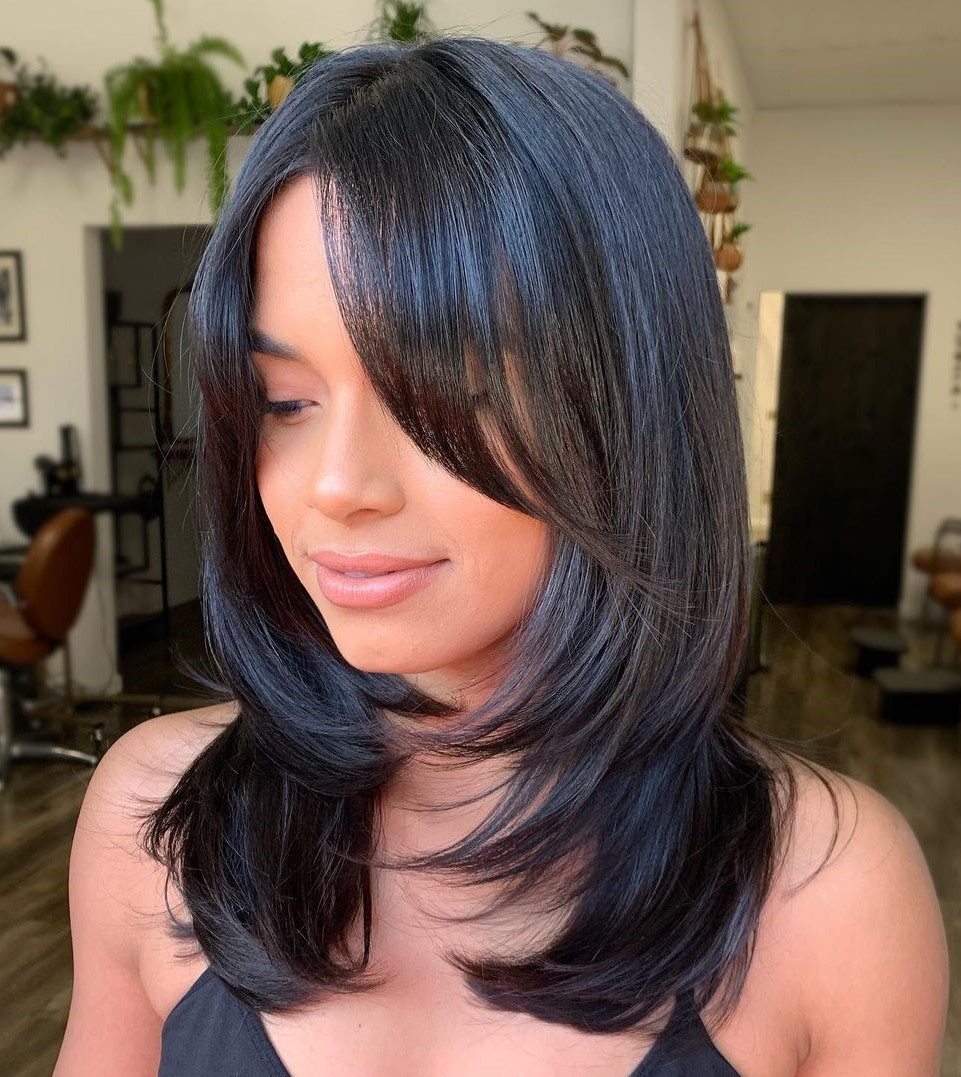 Black Layered Shag With Side-Swept Bangs Black Layered Shag With Side-Swept Bangs — Hairstyles with Bangs