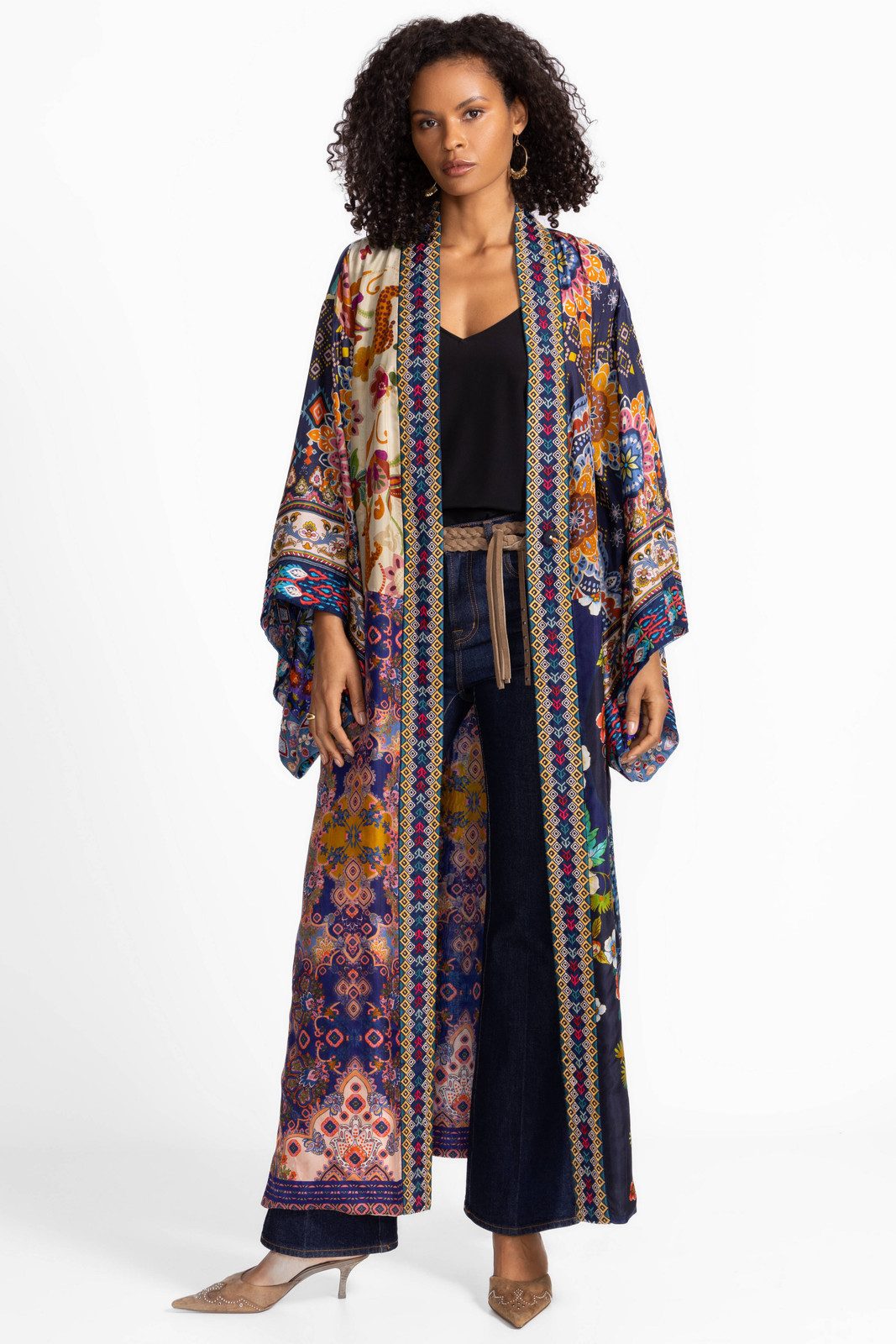 Bohemian Jewel-Toned Kimono with Flared Jeans — Kimonos