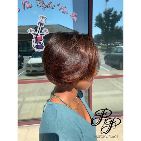 Dark Brown Bob With Auburn Highlights Dark Brown Bob With Auburn Highlights — Silk Press Bob