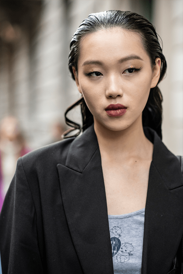 Slicked Back Dark Brown Mid-Back — Wet Look Hairstyles