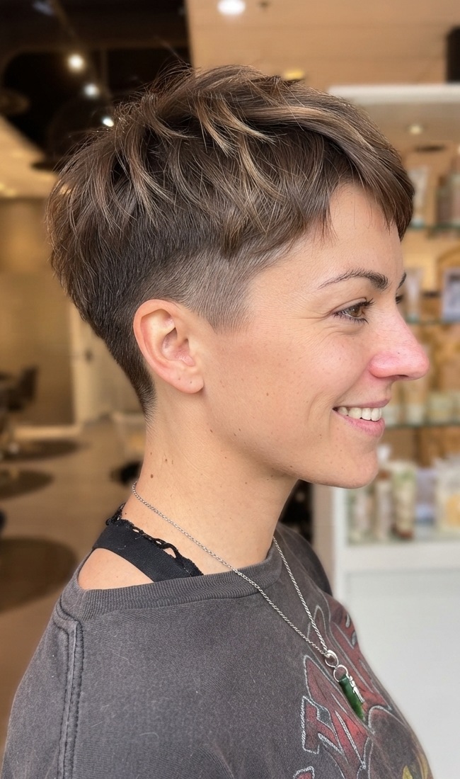 Ash Brown Pixie With Choppy Texture — Undercut Pixie