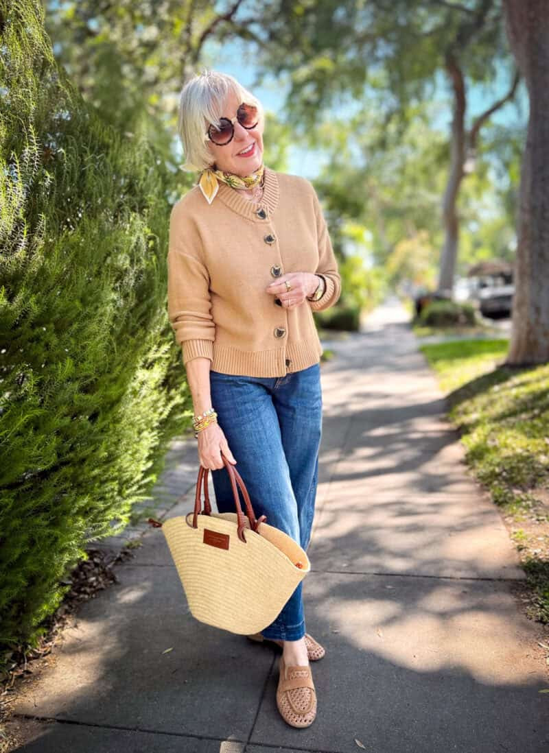 Spring Ready: Tan Woven Loafers with Straight Jeans and Tan Cardigan — Loafers with Jeans Outfits